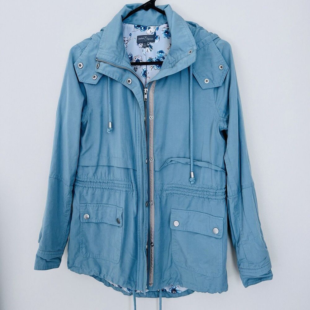 MARKET & SPRUCE Hooded 2 Pocket Cargo Rain Utility Jacket Zip Snap Women Small - Picture 2 of 14